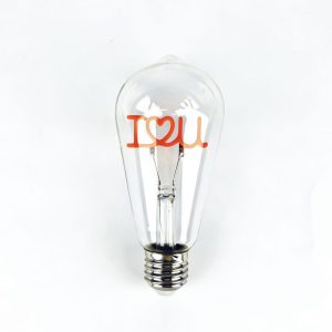 close up LOVE double heart filament LED bulb detail