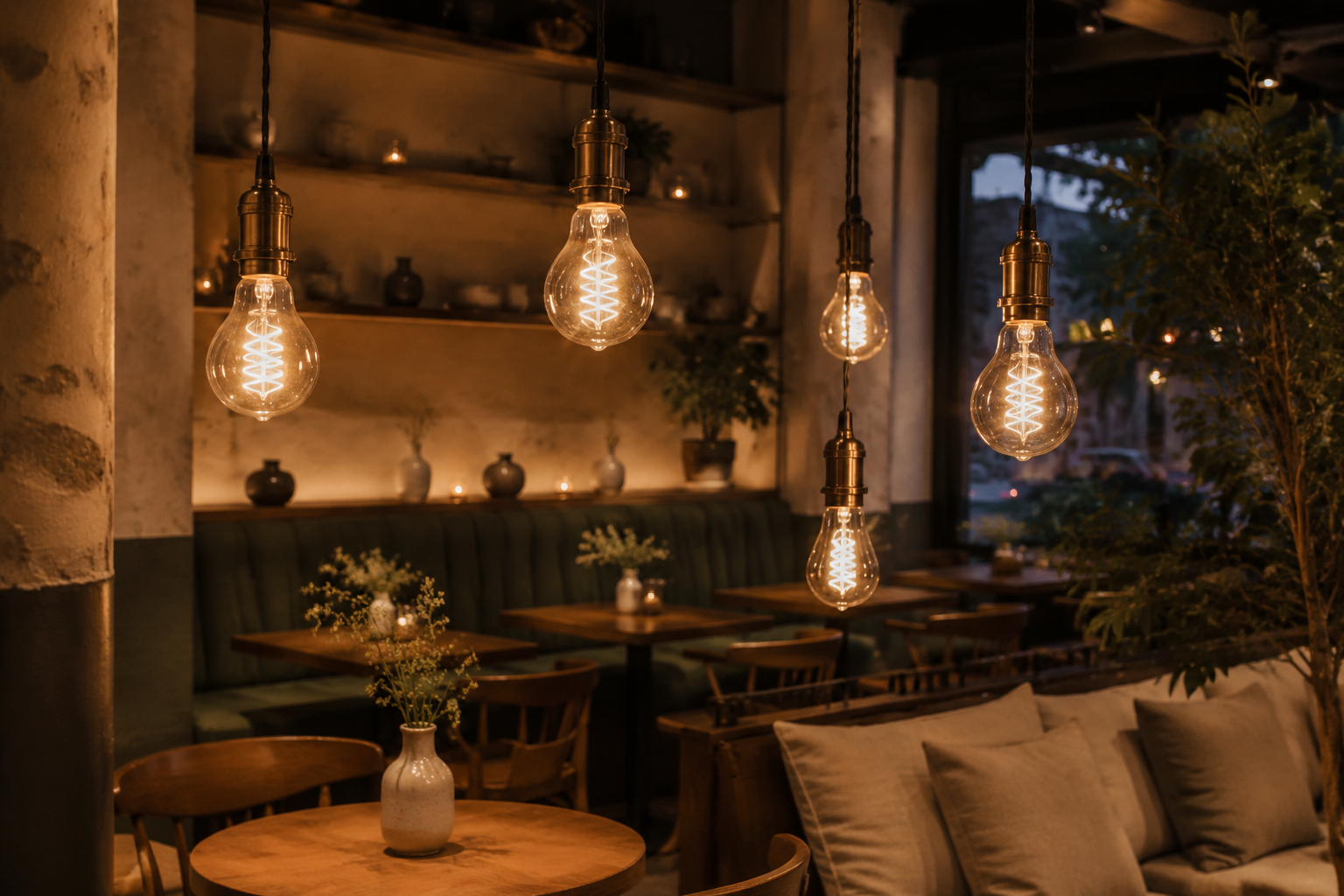 A warm café interior with vintage-style A60 LED filament bulbs creating soft ambient lighting, natural wood and metal finishes, beige and caramel tones, subtle reflections on clear glass bulbs, premium commercial interior photography, realistic mood, no visible logos or text.