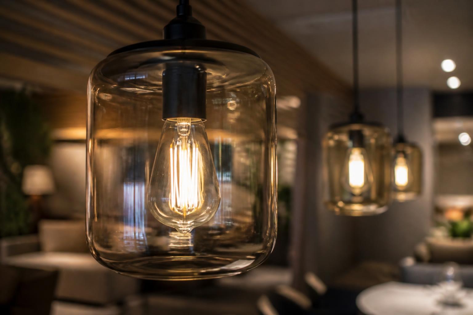 Educational cutaway-style LED filament bulb visualization showing heat movement from the filament area, internal driver, and bulb shell.