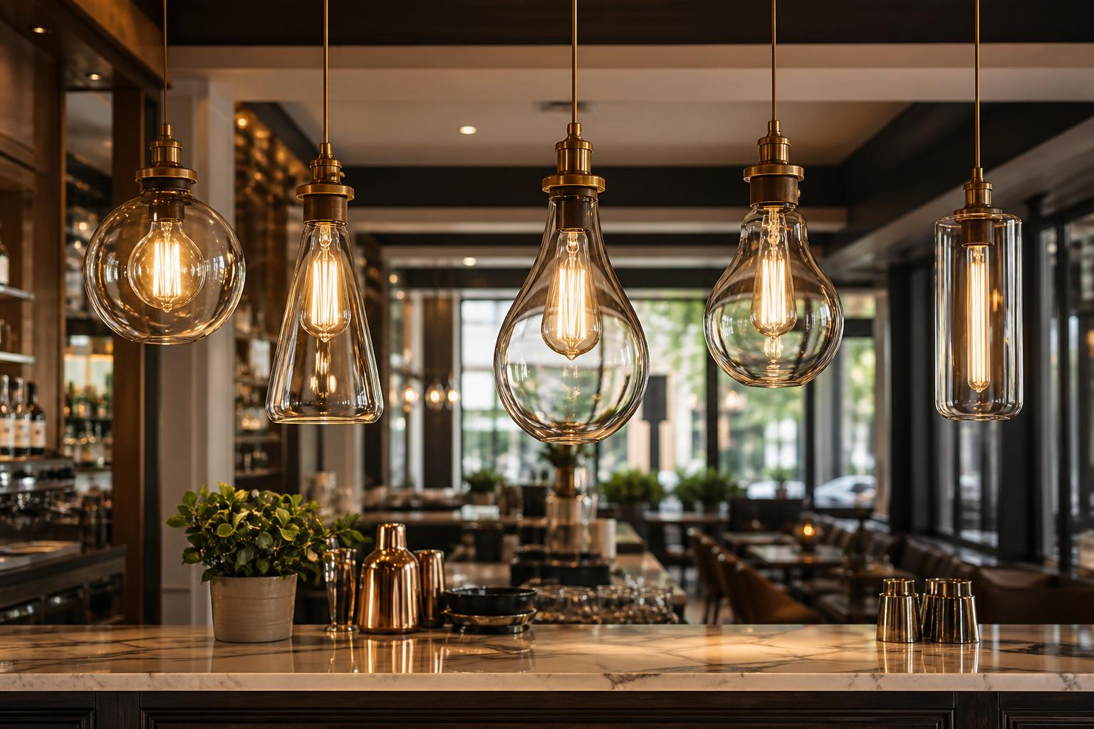 Upscale café bar with open pendant fixtures showing different decorative LED filament bulb glass shapes under warm ambient lighting.