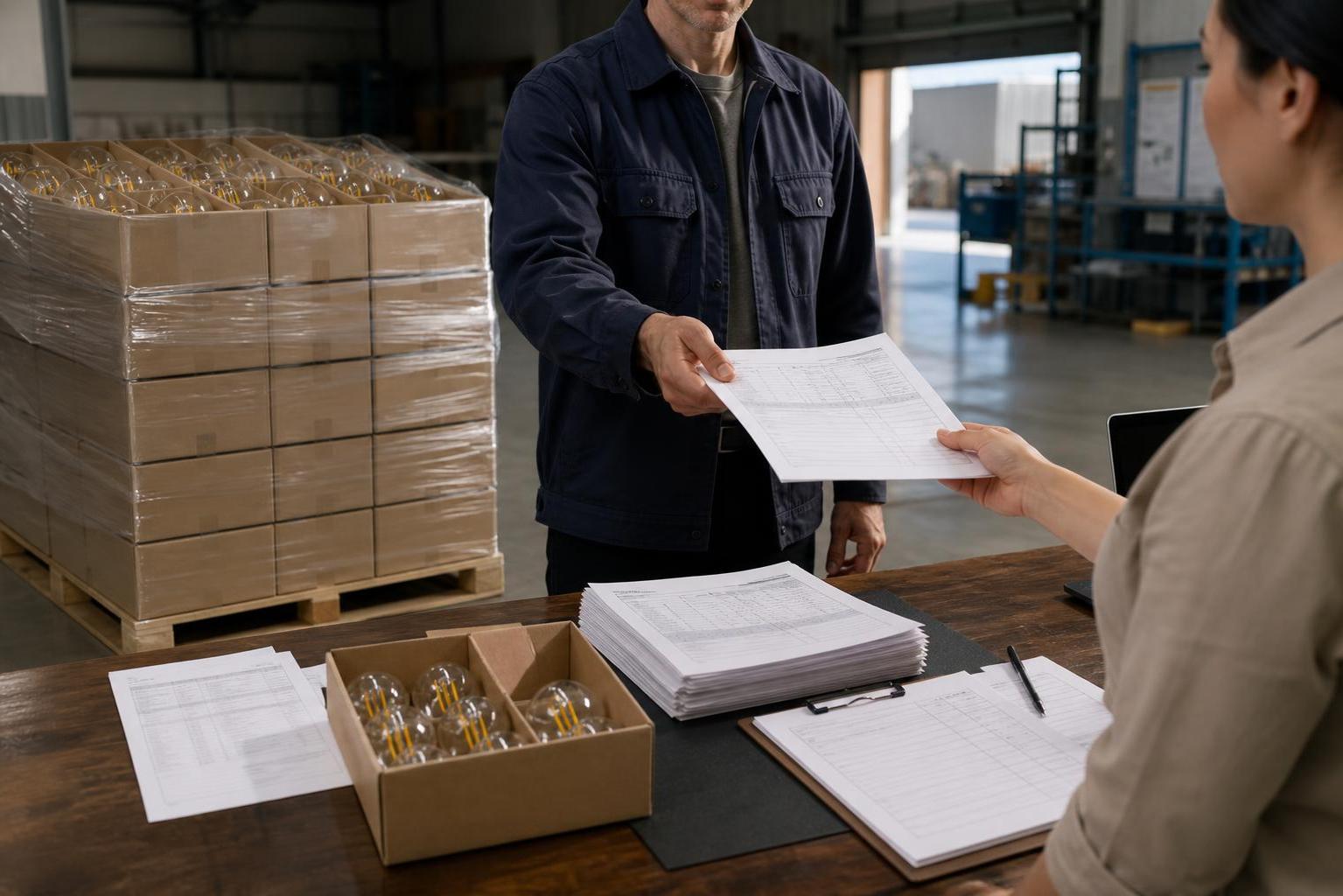 A warehouse handoff scene with boxed LED filament bulbs, shipping paperwork, and a freight desk for export preparation.