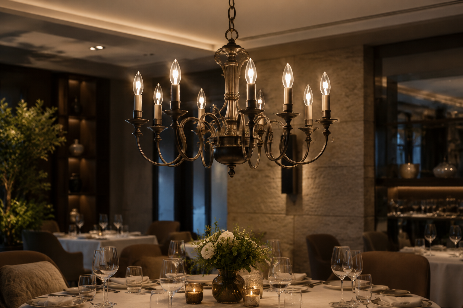 Warm C35 LED filament candle bulbs illuminating an elegant restaurant chandelier above a refined dining table.