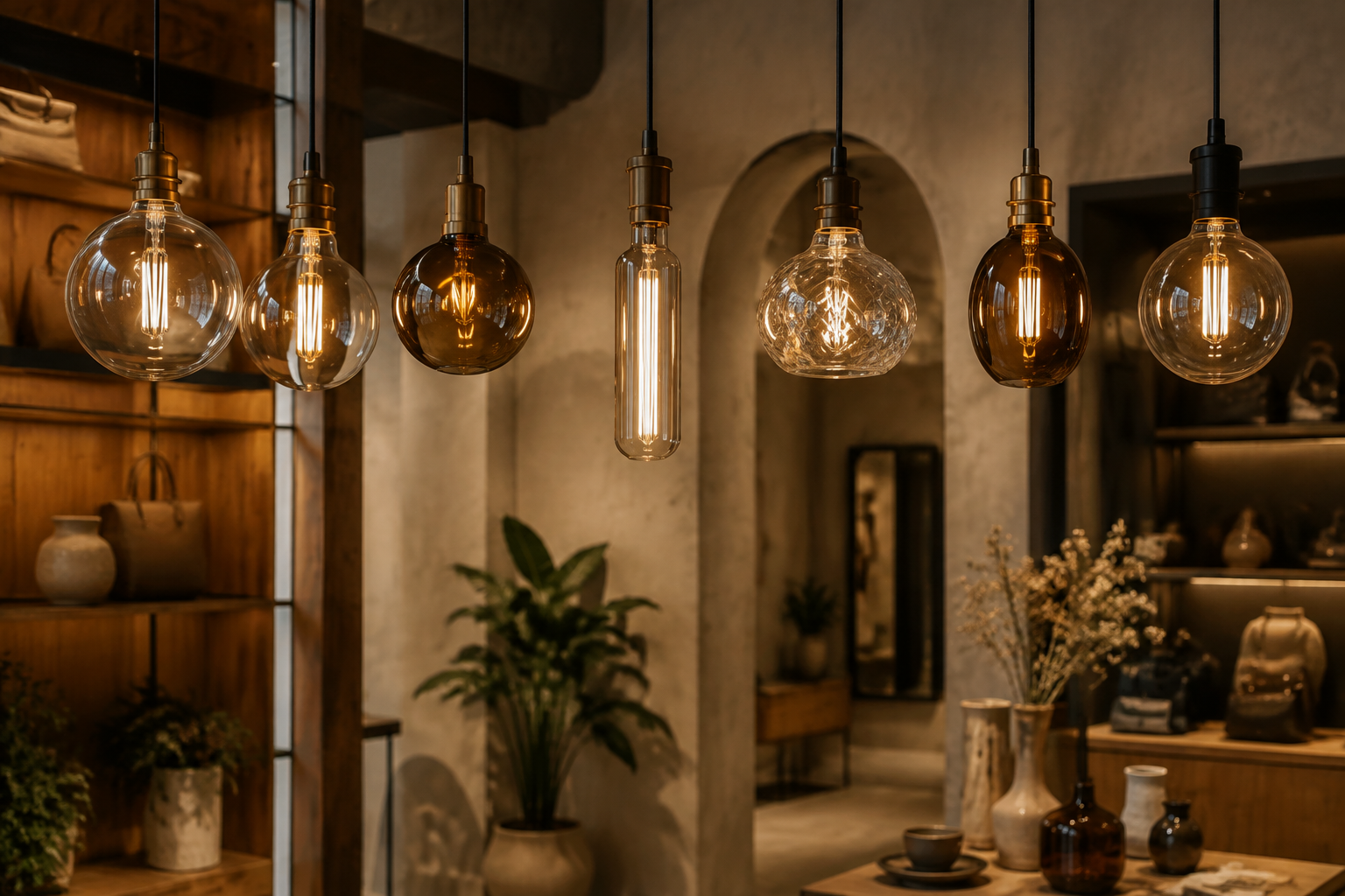 A warm boutique interior with decorative pendant lights using LED filament bulbs in different glass finishes, showing premium ambiance and mood variation.