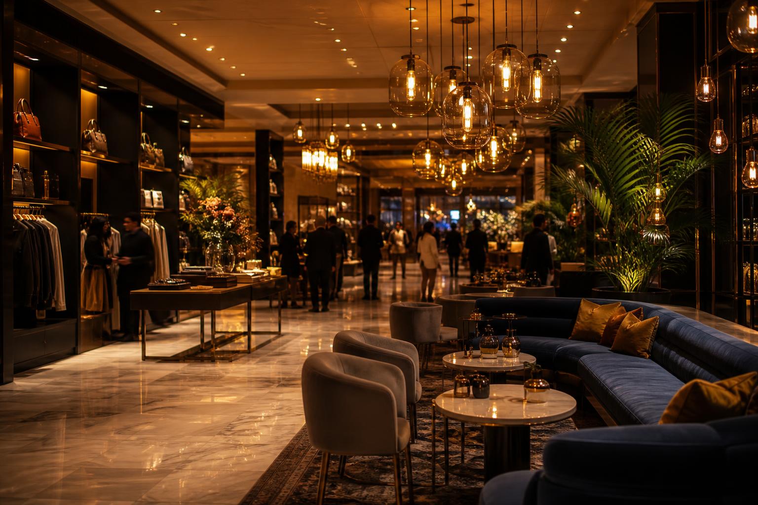 Upscale hotel lobby and boutique retail interior lit by exposed LED filament pendant bulbs, styled as a realistic premium commercial scene showing comfortable ambient lighting for hospitality and retail spaces.