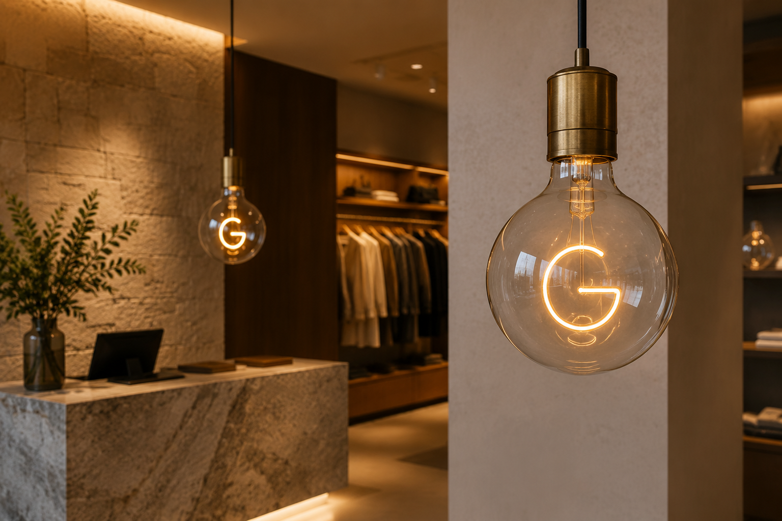 Photorealistic boutique reception scene showing custom G125 letter filament bulbs glowing as decorative branding lights.