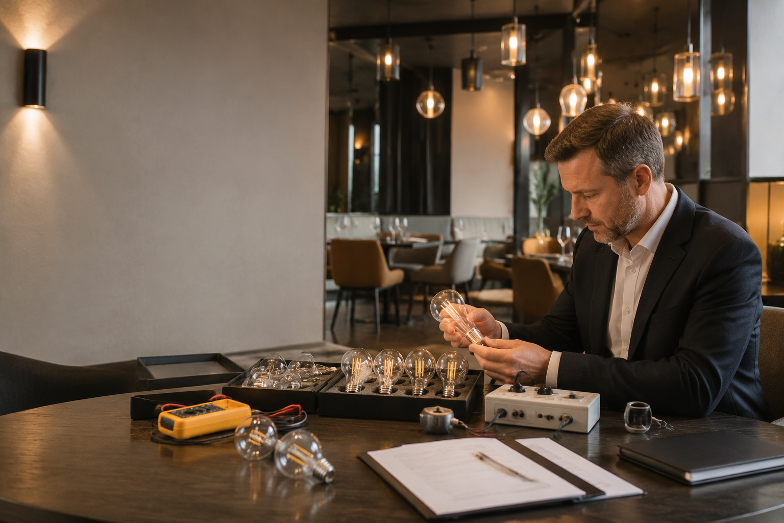 A procurement professional reviews exposed LED filament bulb samples and electrical test equipment in a warm hotel or restaurant lighting environment.