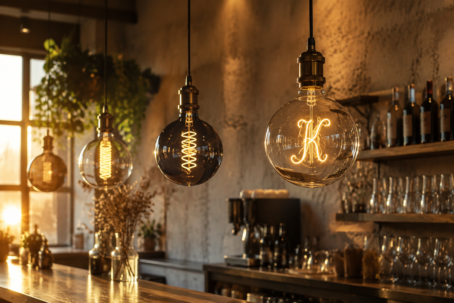 A stylish boutique café or cocktail bar with several G125 globe filament bulbs hanging above the counter, showing both a custom letter filament bulb and a smoke-gray vintage globe bulb in a warm realistic interior.