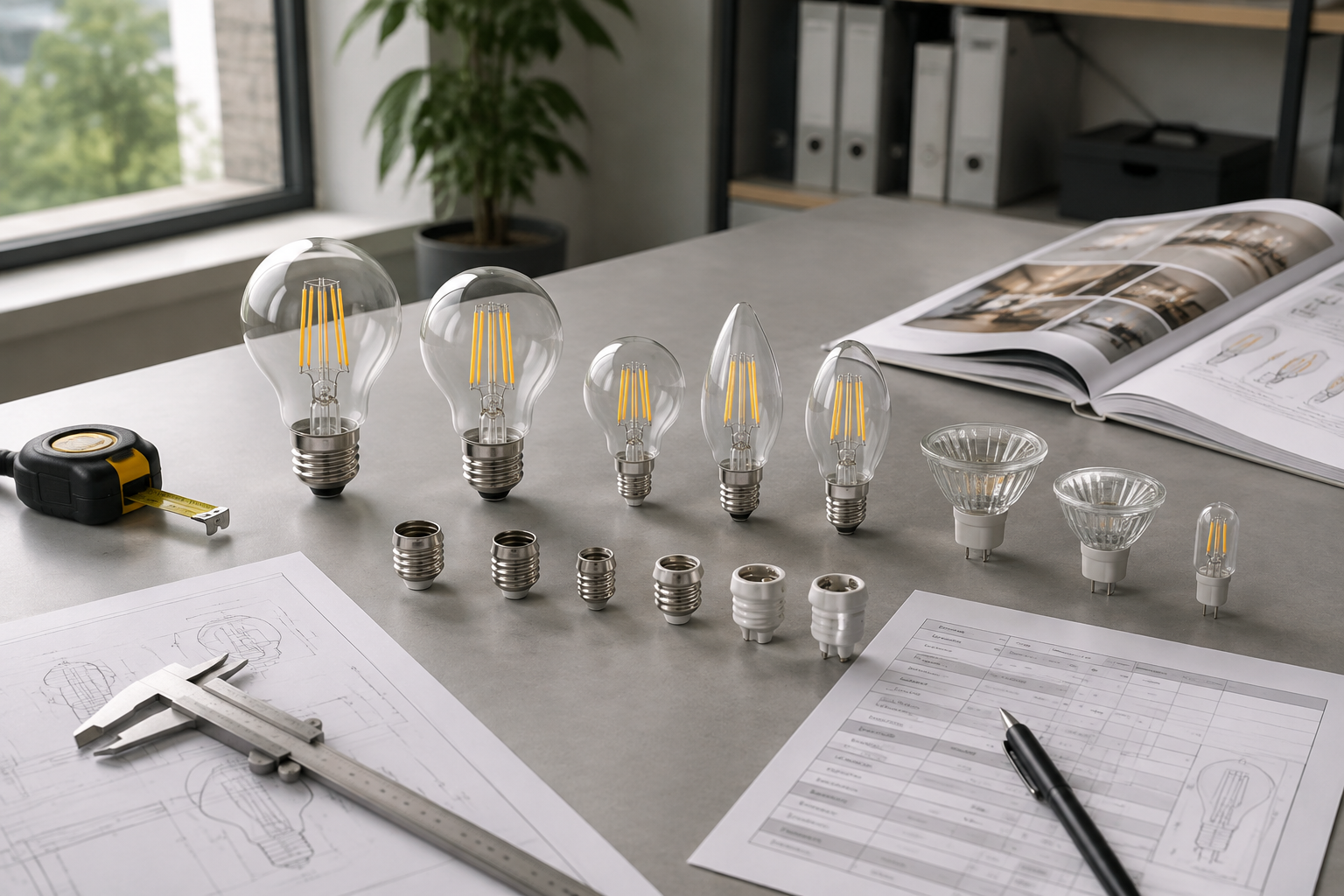 A realistic OEM lighting sourcing desk with LED filament bulbs, specification sheets, calipers, and catalog pages for comparing base types and cap sizes.