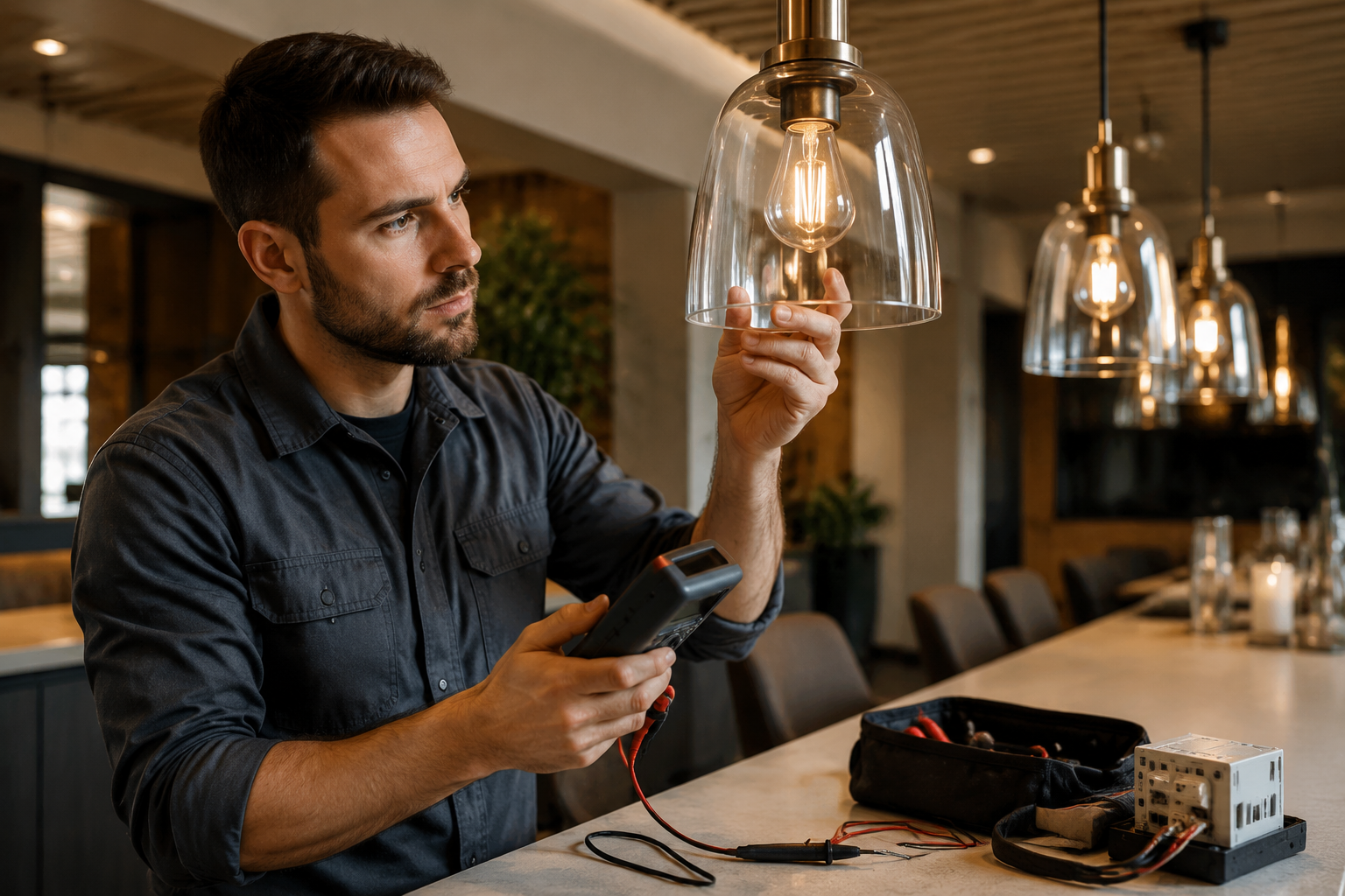 Technician testing a clear-glass LED filament bulb installed in a decorative pendant fixture with a multimeter and control equipment nearby in a warm hospitality setting.
