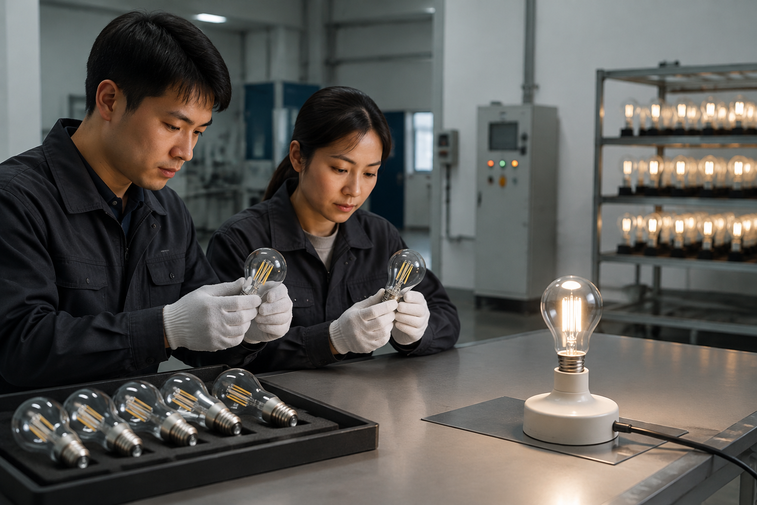Technicians in a clean lighting factory quality-control station compare clear-glass LED filament bulbs with an approved reference sample using inspection equipment.
