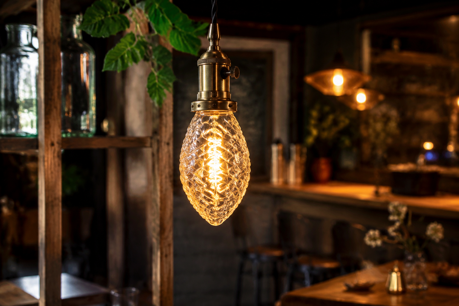 Pinecone-shaped LED filament bulb installed in a warm decorative cafe or boutique bar setting, with natural wood and brass accents.