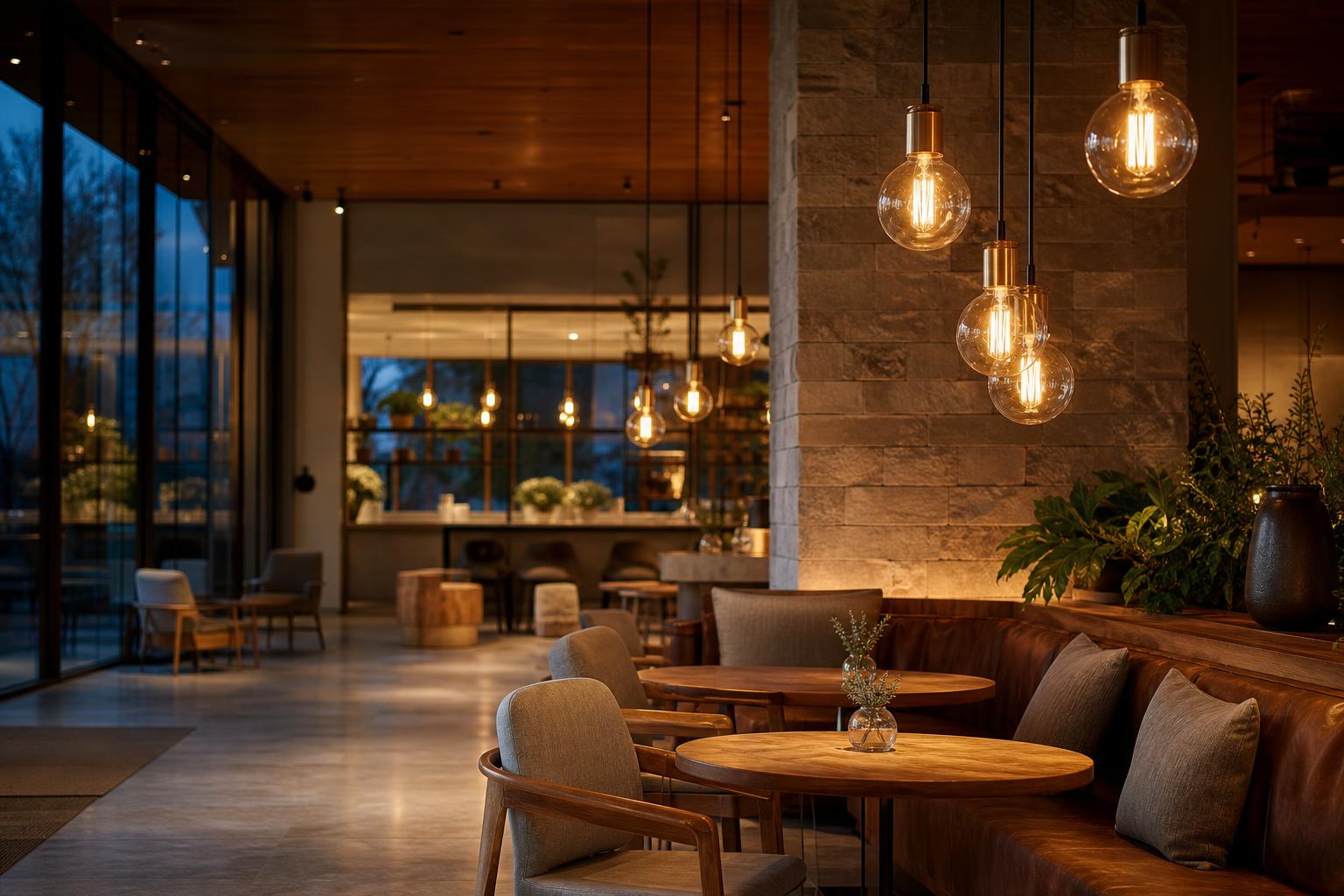 Upscale café or boutique lobby interior with warm LED filament bulbs creating a welcoming commercial atmosphere, photographed realistically for an editorial lighting article.
