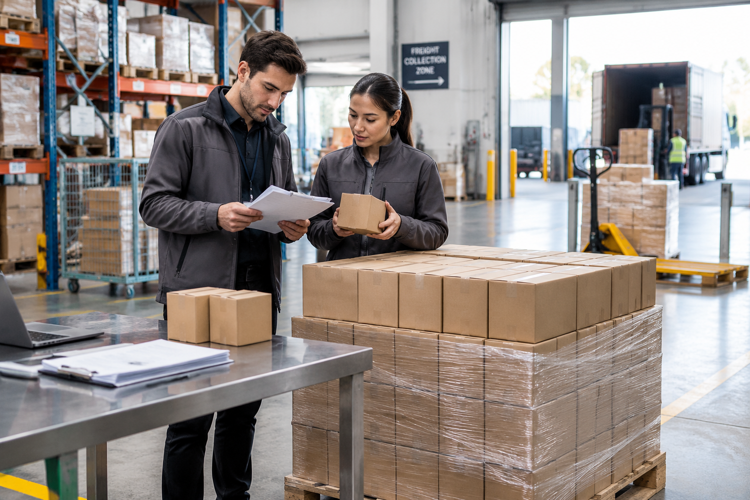 Logistics staff preparing unbranded LED filament bulb cartons and shipping paperwork for international freight in a clean export warehouse.