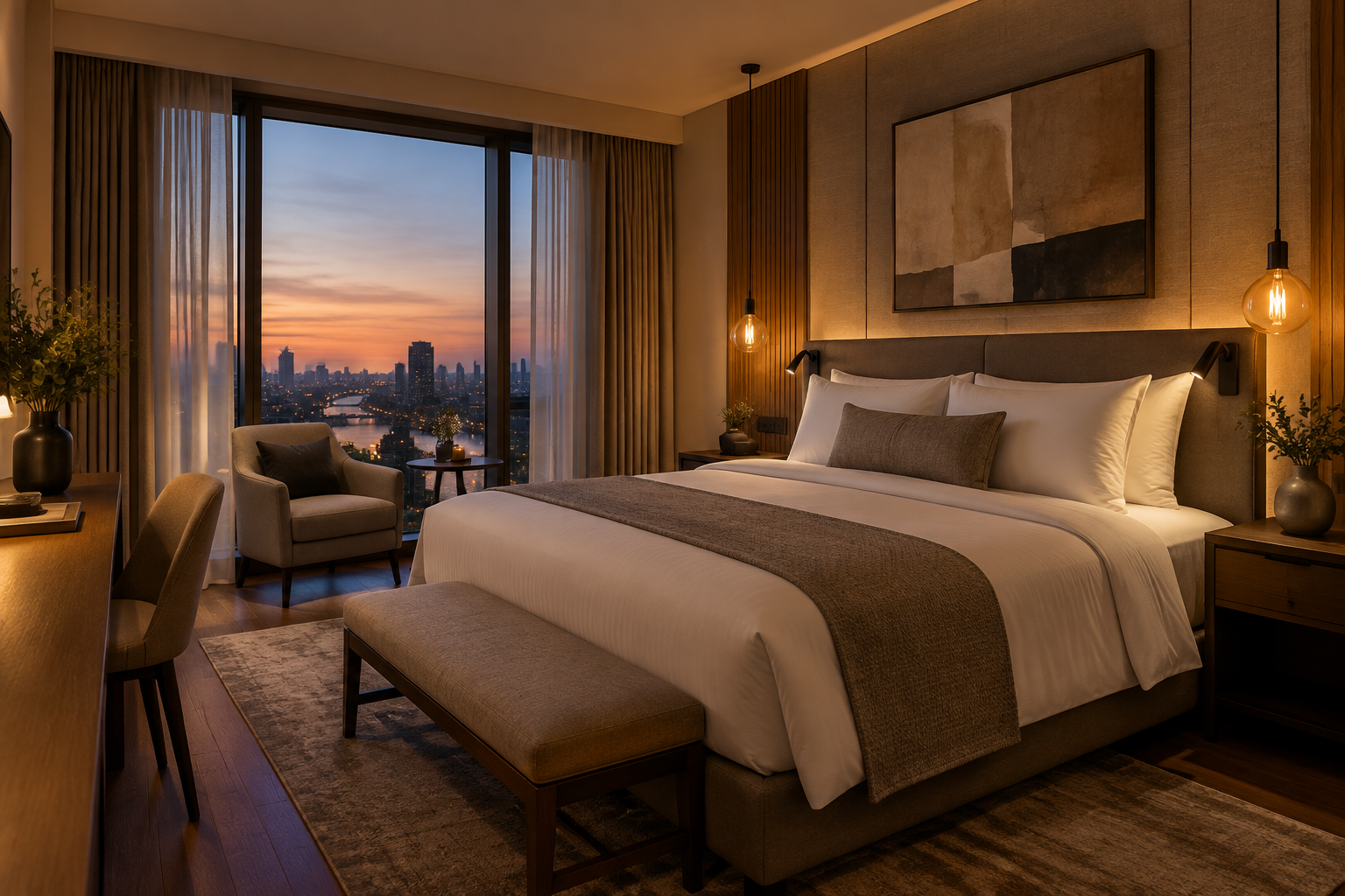 Refined contemporary hotel guestroom at dusk with exposed decorative LED filament bulbs in bedside pendants, soft warm ambient light, a discreet reading light, and comfortable layered hospitality lighting.