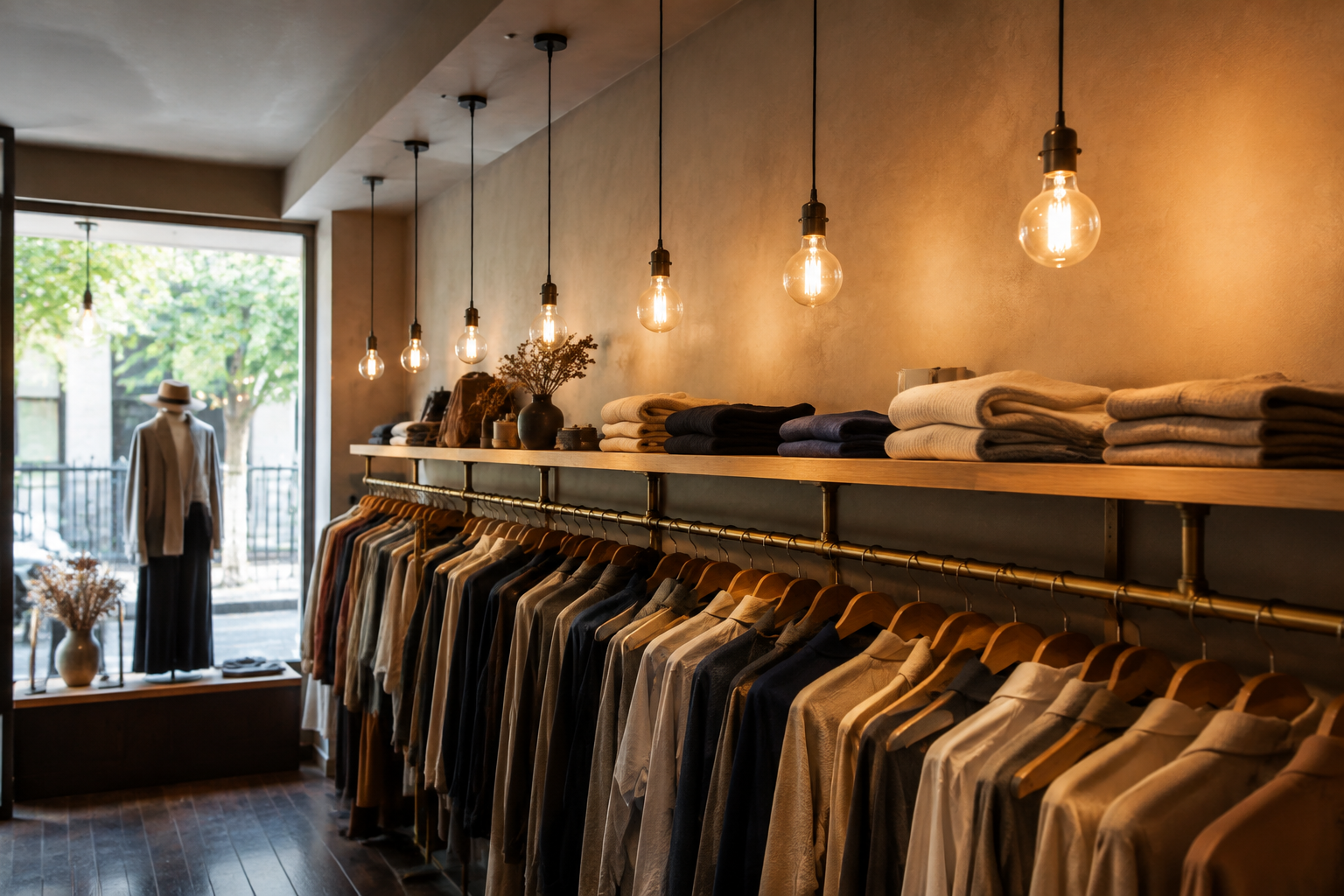 Premium boutique retail interior with evenly spaced exposed LED filament bulbs illuminating clothing and product shelving while maintaining clear merchandise visibility and visual comfort.