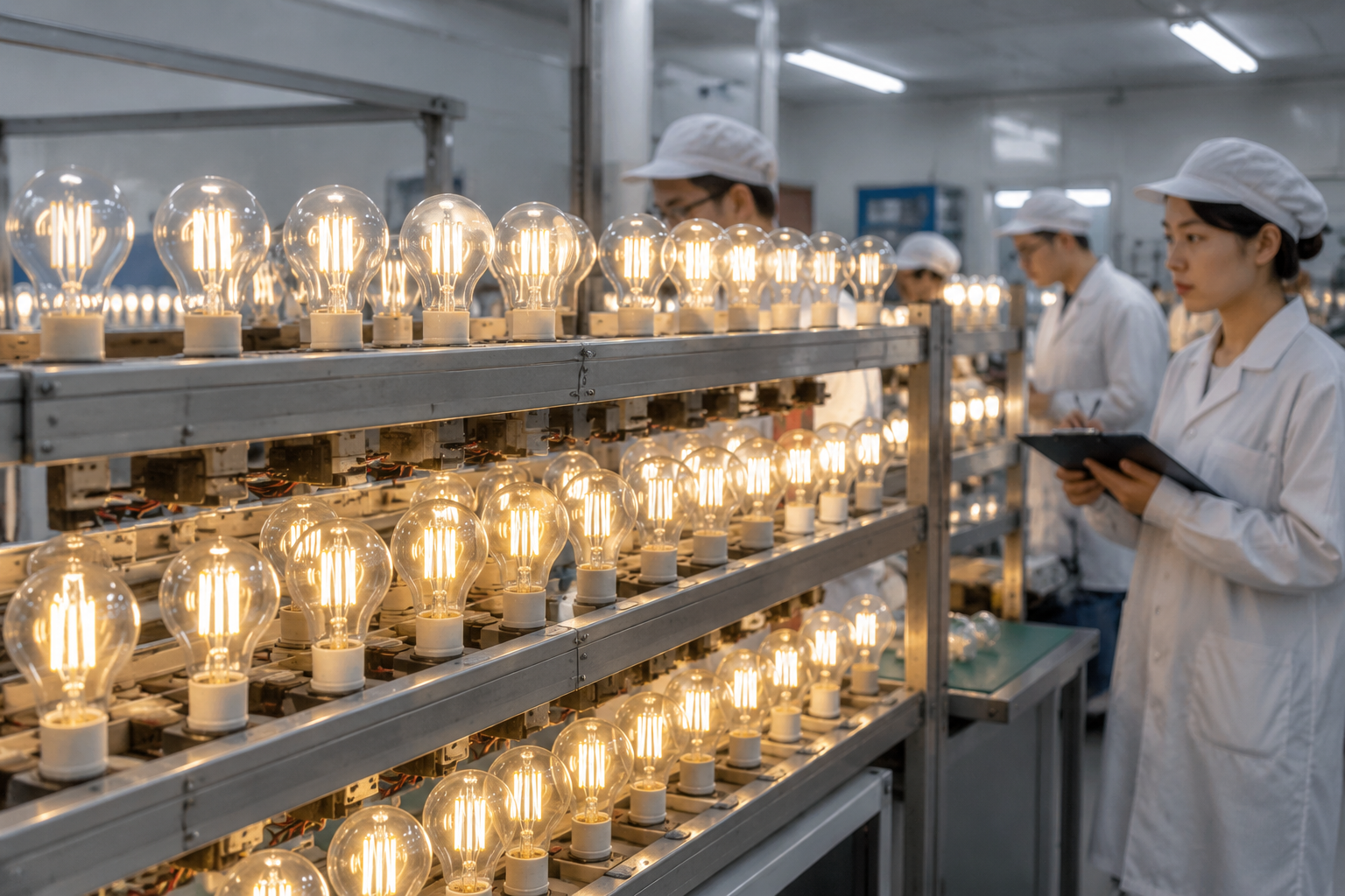 LED filament bulbs glowing on organized burn-in racks in a clean factory quality-control room while technicians observe the aging test process.